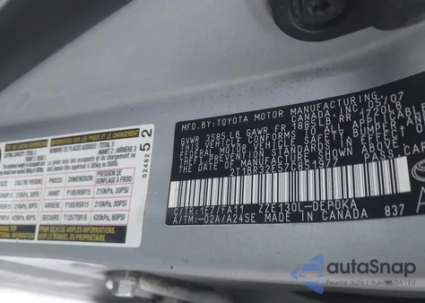 2007 Toyota Corolla Ce z USA, uszkodzony, nr VIN 2T1BR32E57C851977